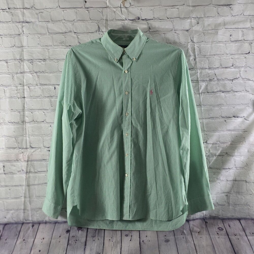 Vintage Ralph Lauren Men's 16.5/42 Green /White Gingham Oxford Long Sleeve Shirt